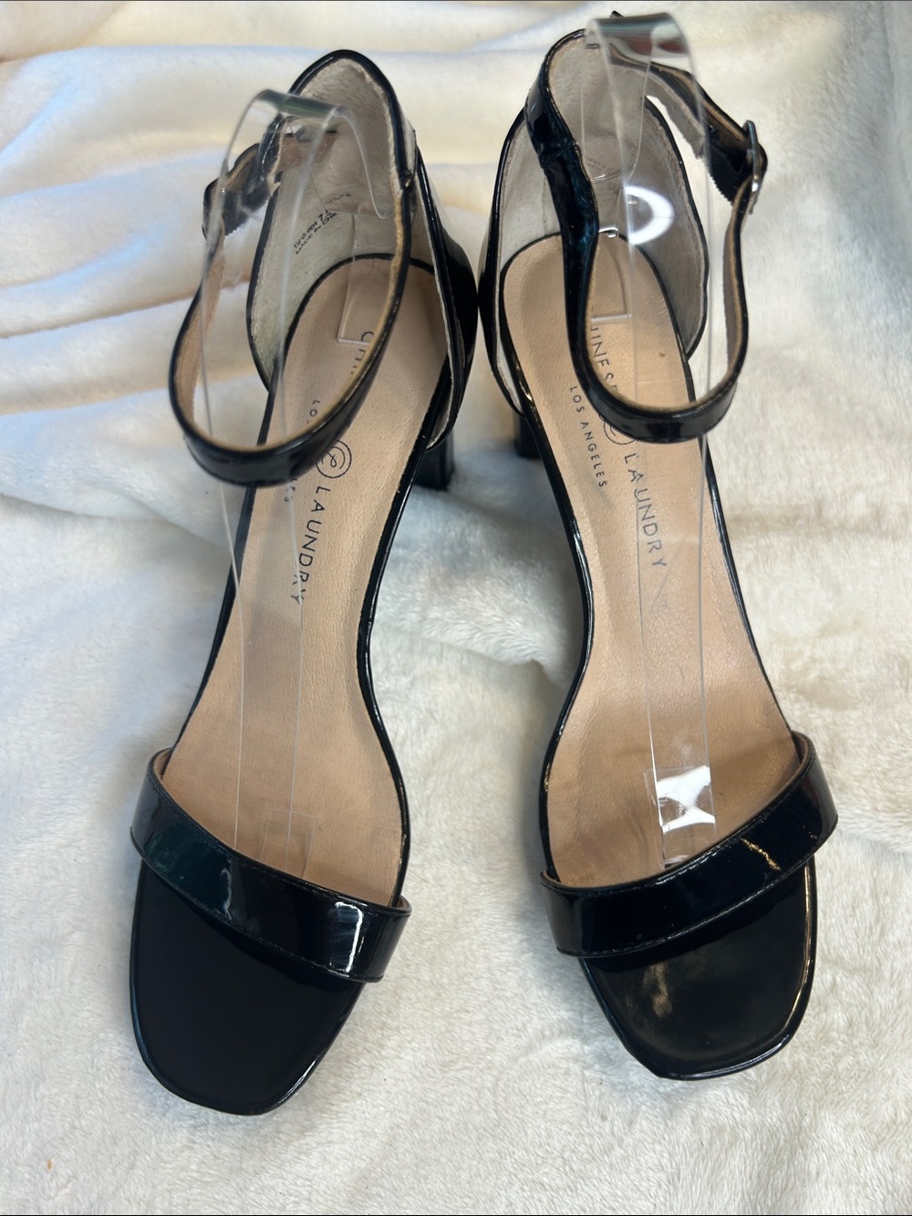 Chinese Laundry Black Patent Ankle-Strap Block Heel Sandals